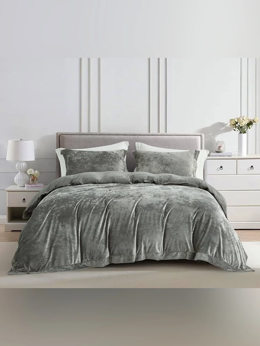 Velvet Luxe Gray Queen 3 piece Duvet Cover Set